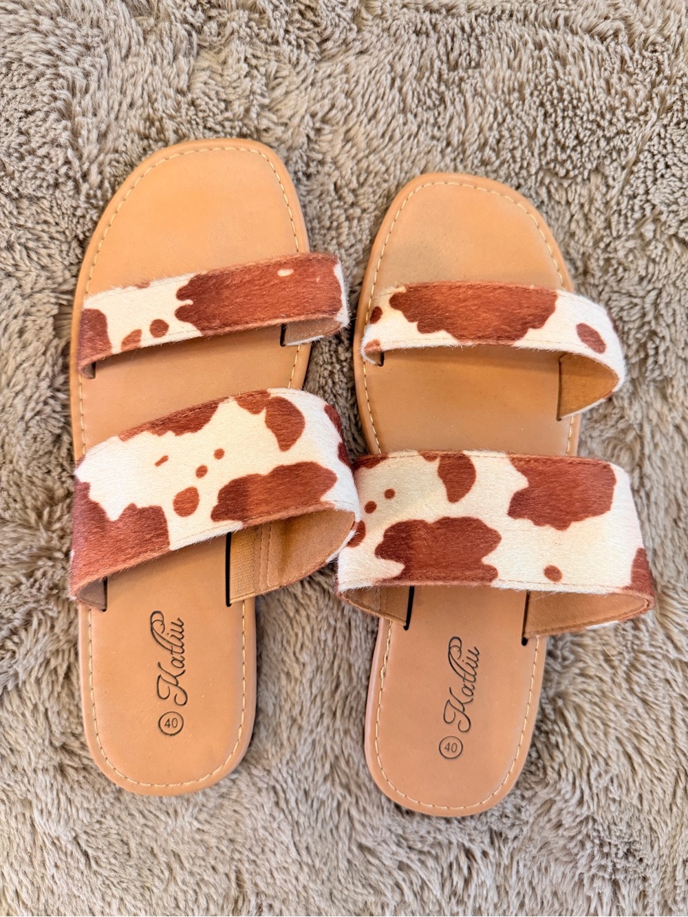 Cowprint Double-Strap Slide Sandals